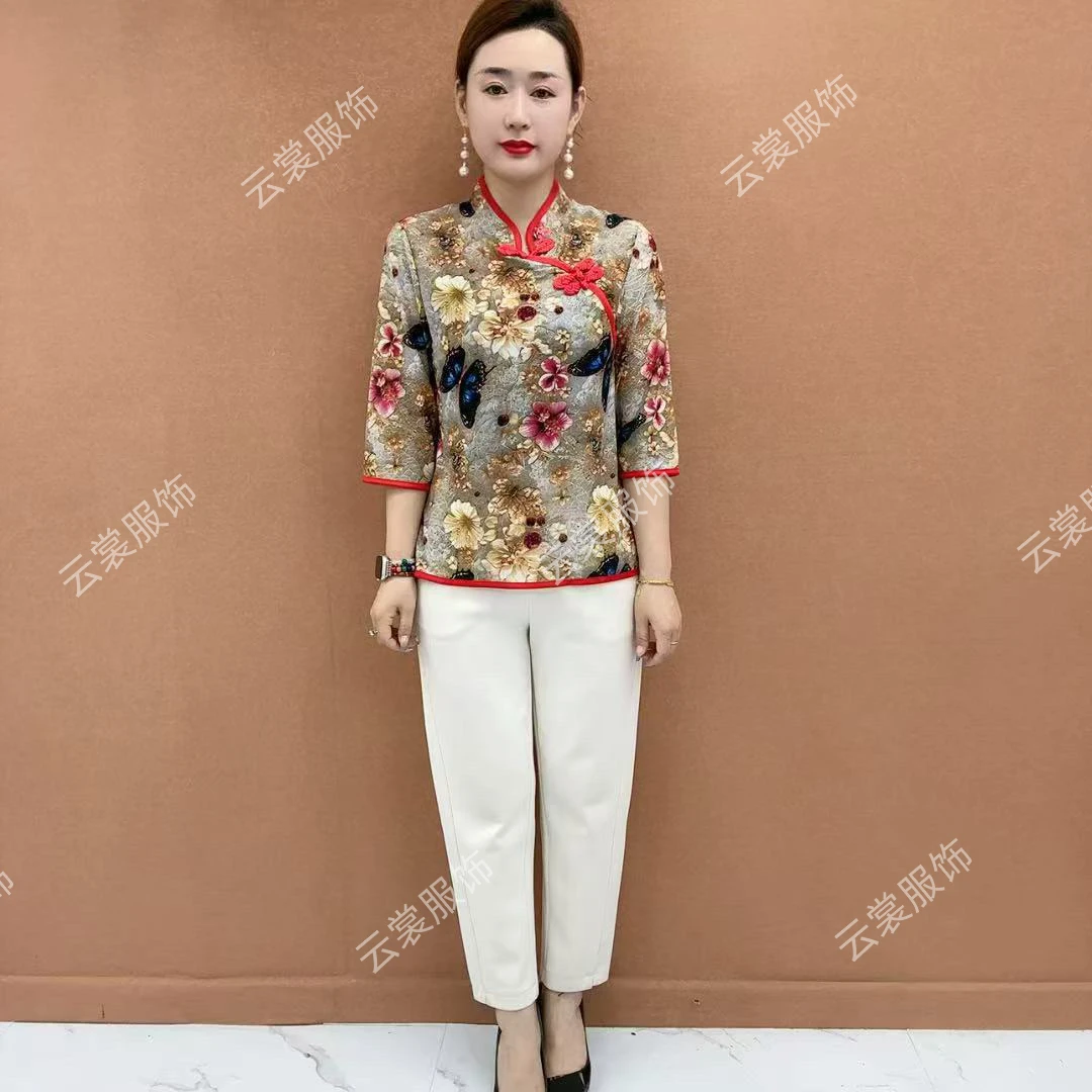 夏季新款印染斜襟薄款七分袖上衣气质时尚洋气复古中老年妈妈装