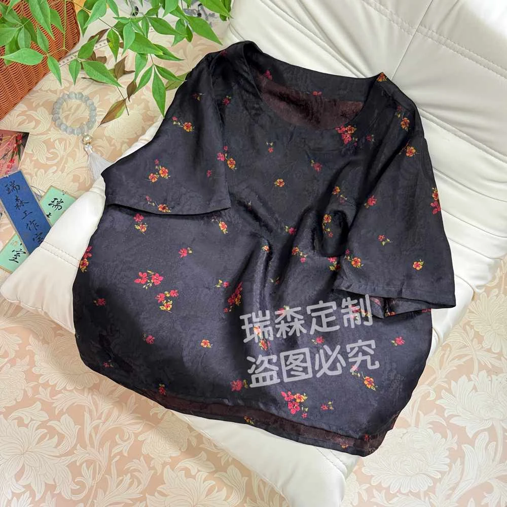 678 重磅香云老料圆领花萝短袖上衣T恤-胸围108-前长59后长63