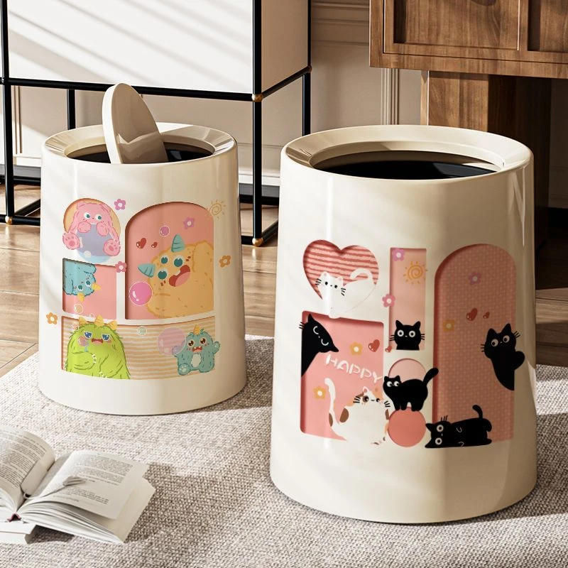 垃圾桶家用2025新款客厅卧室厨房卡通卫生间创意复古风高颜值带盖