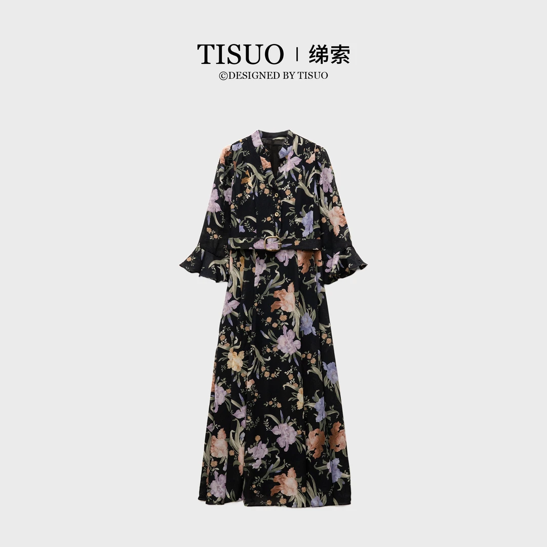 TISUO/绨索“幽花雅梦”印花立领收腰气质显瘦连衣裙TS502166
