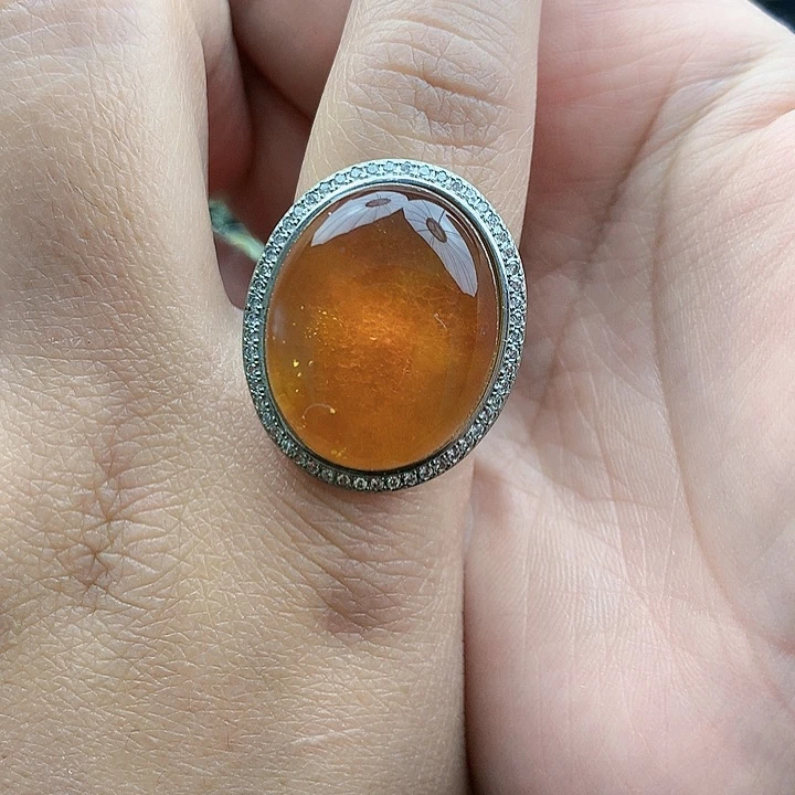 琥珀裸石银S925镶嵌戒指