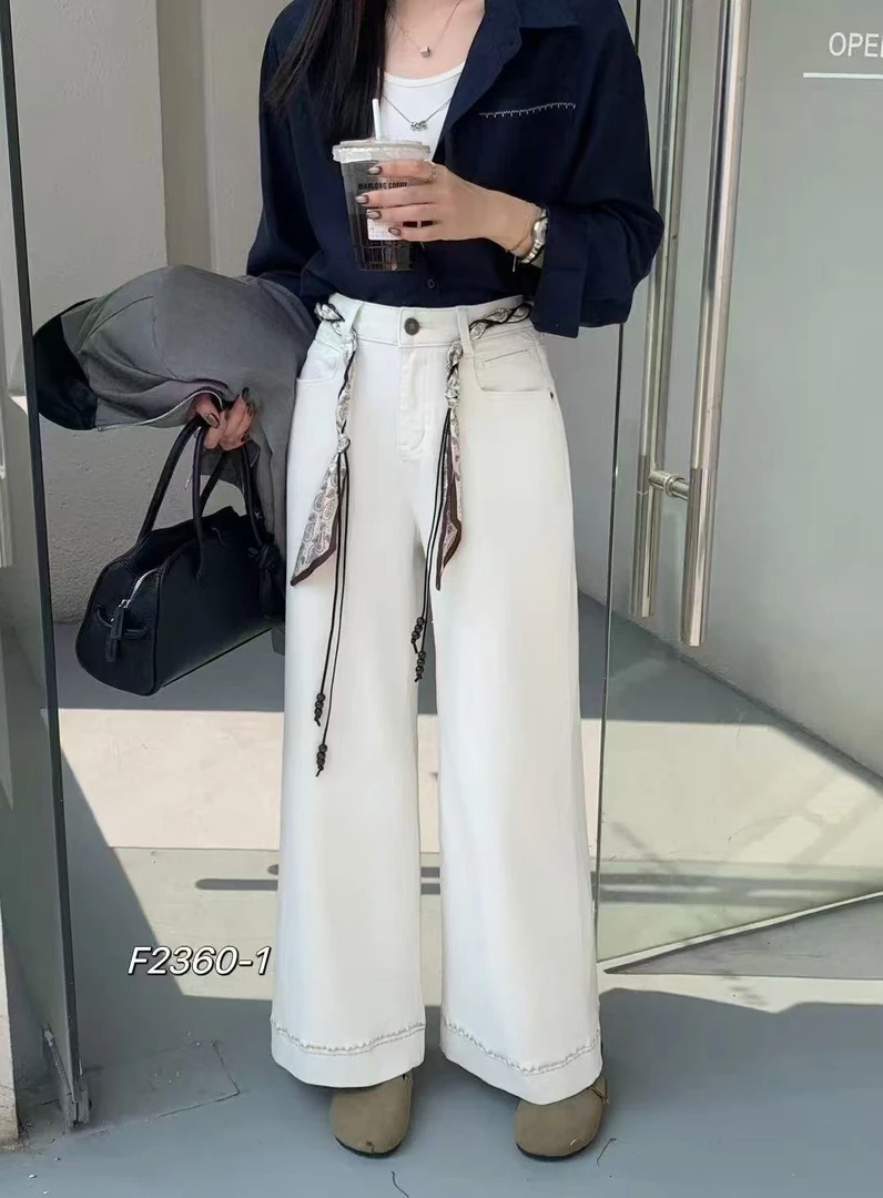 【2360】女#白色高腰直筒宽松牛仔裤【配腰带】