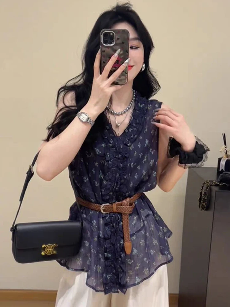 法式复古碎花无袖衬衫上衣夏季洋气减龄雪纺衫衣百搭温柔时尚女装