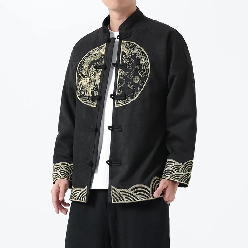 新中式金龙刺绣复古潮牌唐装外套男中国风立领中山装夹克宽松汉服