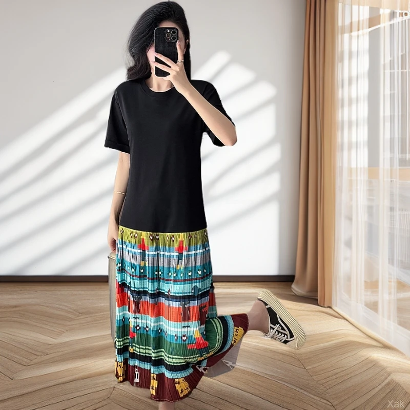 2025年夏季新款假两件连衣裙圆领短袖遮肉显瘦中长款大码T恤裙女