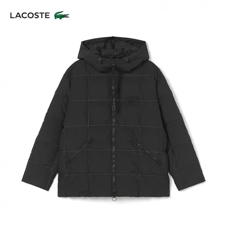 LACOSTE法国鳄鱼女装黑色时尚简约保暖宽松连帽外套|BF4449