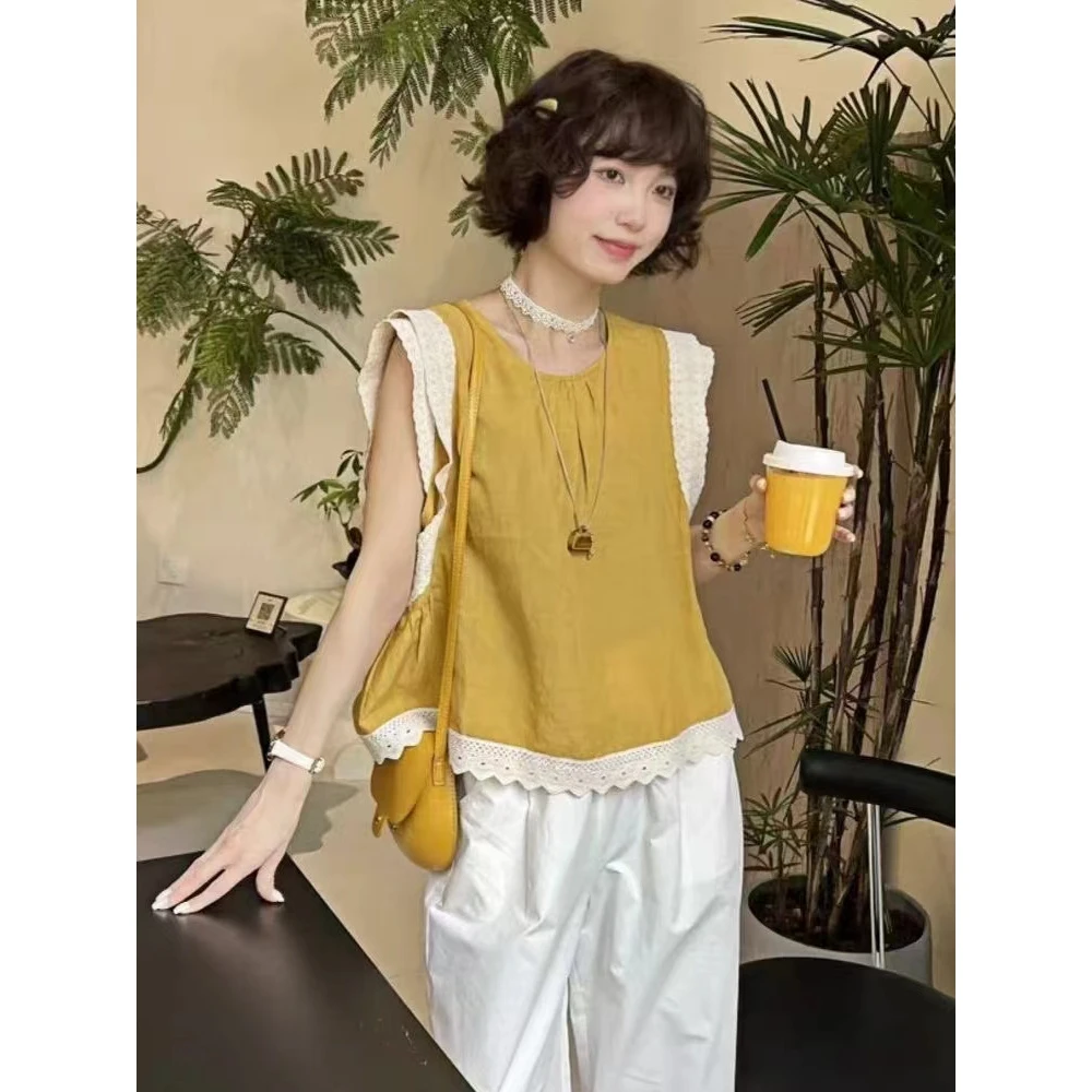 韩系蕾丝边无袖背心衬衫女2025夏季新款时尚休闲高级气质显瘦上衣