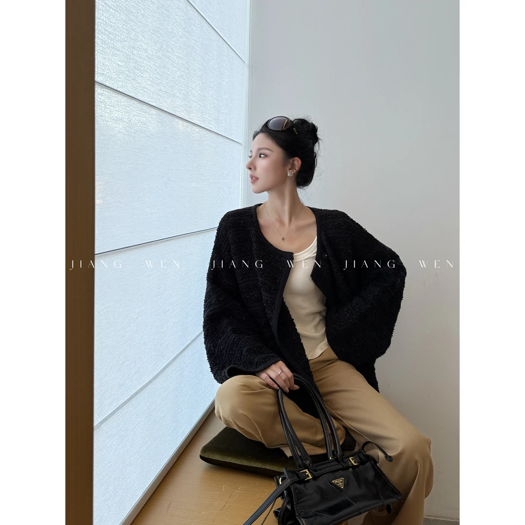 【苏黎世】姜雯 宽松落肩针织小香毛衣慵懒英伦风拼接小香外套