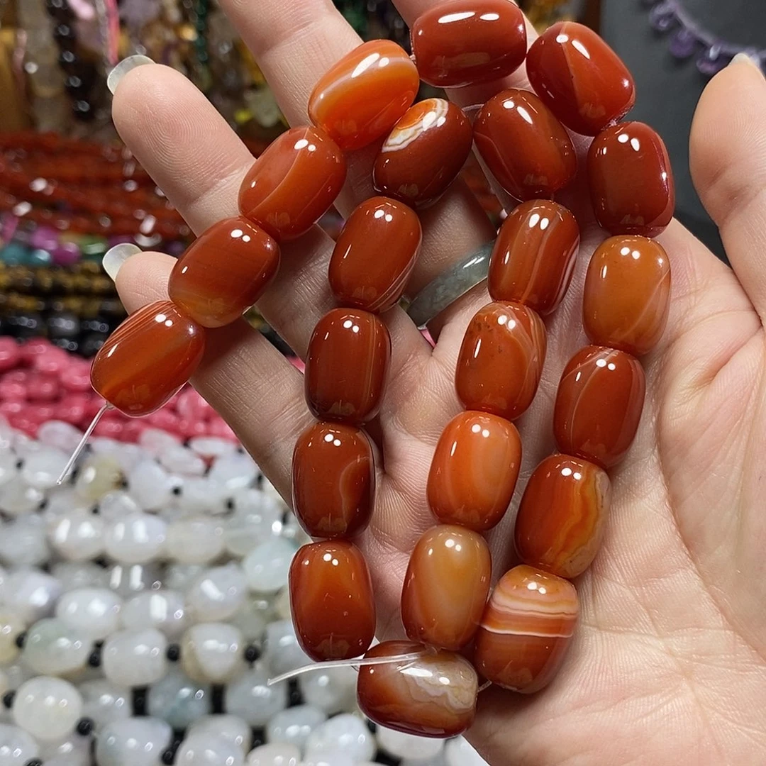 玛瑙/玉髓未镶嵌珠宝半成品红玛瑙胖桶珠一条卡12*17mm