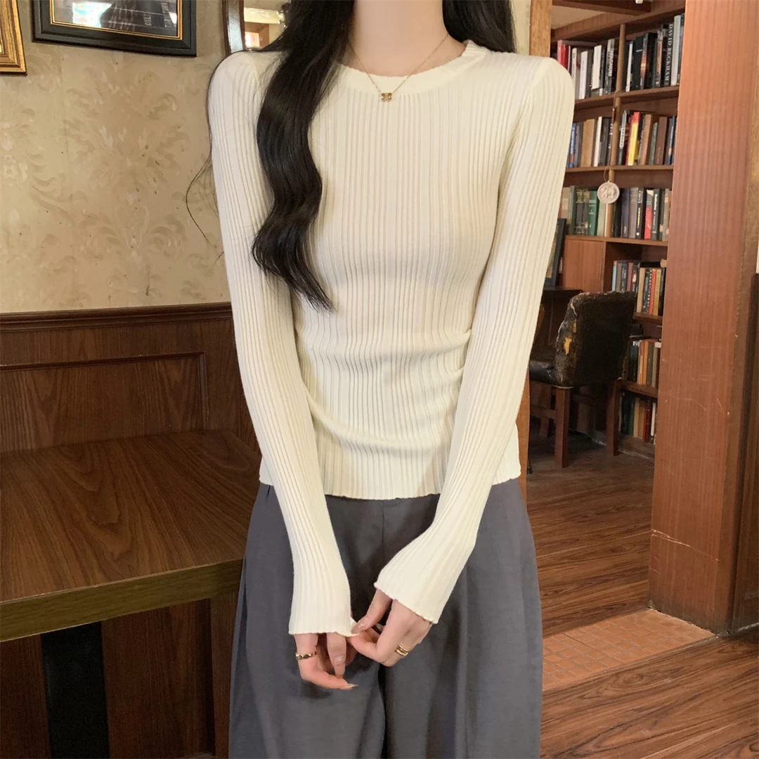 秋冬韩版软糯坑条内搭修身圆领安迪绒针织衫打底衫毛衣女长袖上衣