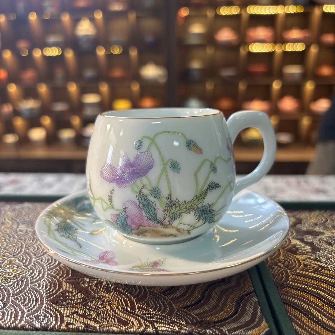 【C373】手绘蝶恋花珐琅彩虞美人咖啡杯家用防烫个人杯