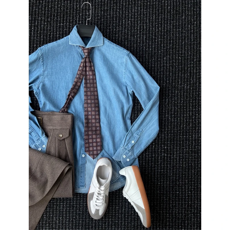 高定 意式复古水洗温莎领牛仔衬衫男士绅士优雅商务通勤长袖衬衣