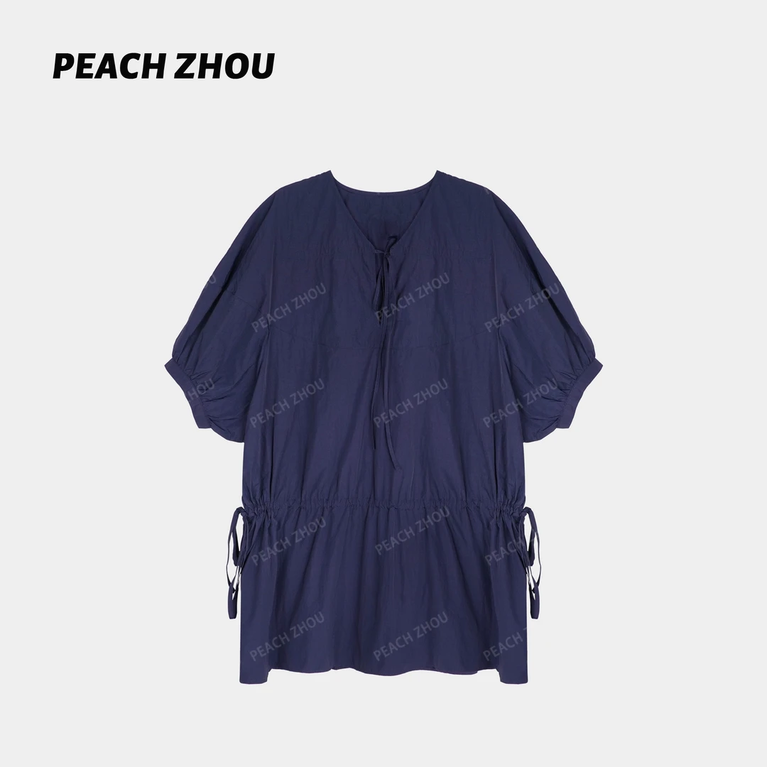 『PEACHZHOU』日系绑带宽松V领中长款连衣裙
