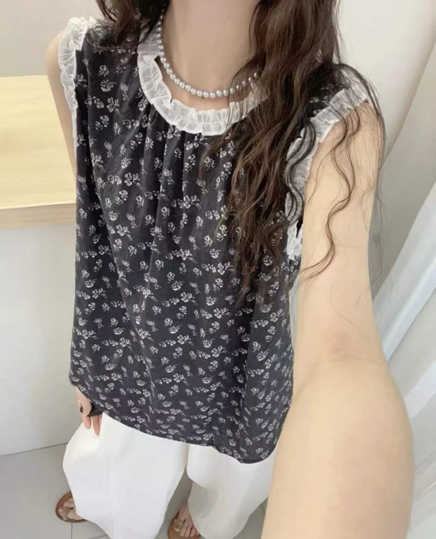 度假风木耳花边#9075小碎花无袖小衫