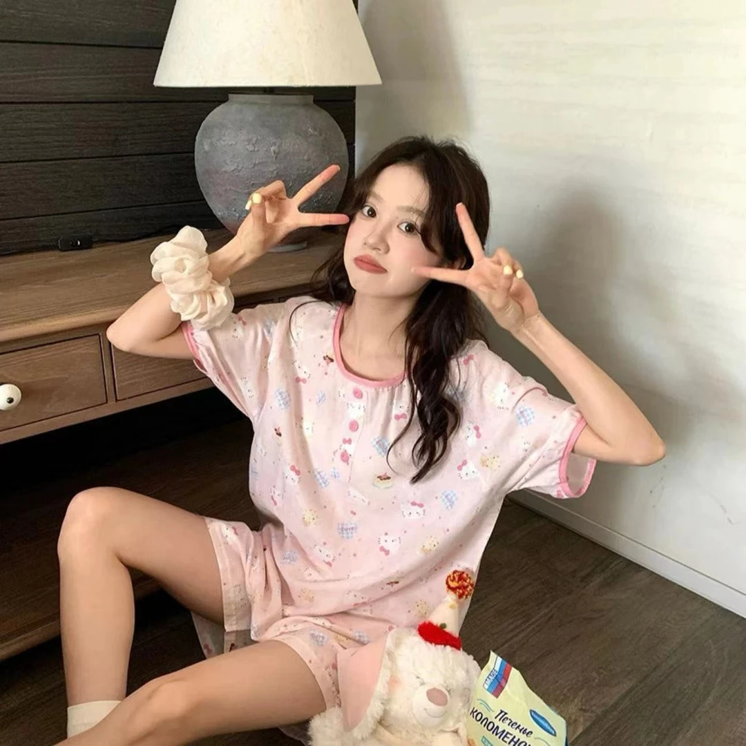 helloKitty圆领睡衣女款夏季新款云朵棉短袖短裤可爱家居服可外穿
