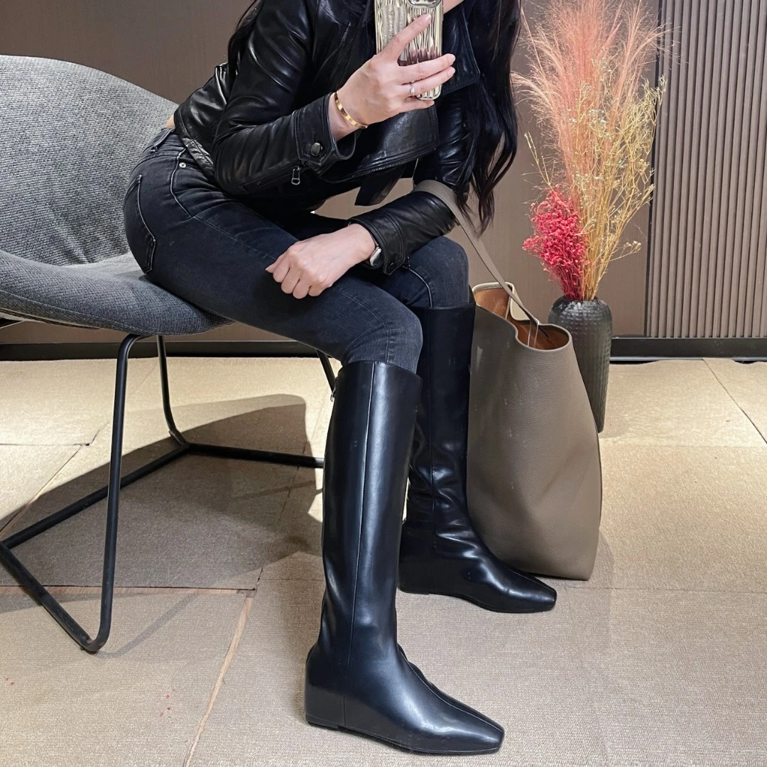 ND1095秋冬新黑色复古长靴女尖头真皮靴子不过膝高筒靴直筒骑士靴