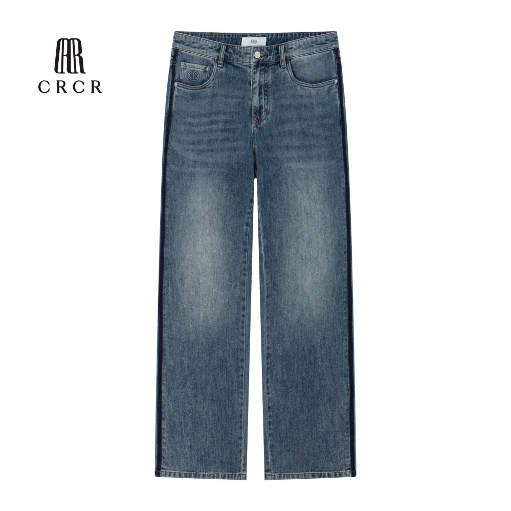 CRCR春夏男新品后袋压凸绣花时尚百搭直筒阔腿牛仔裤