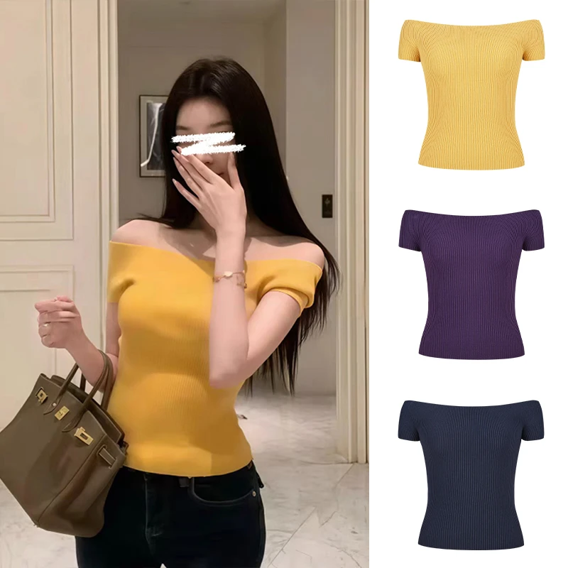 Moses Queen/魔西女王纯欲辣妹一字肩针织上衣多巴胺竖坑条短袖