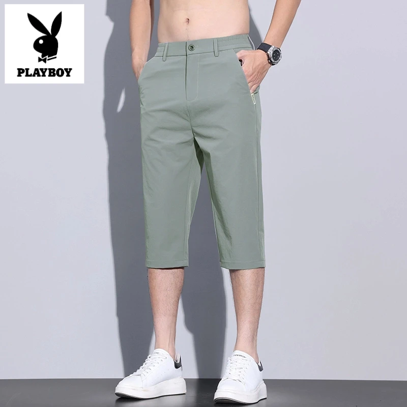 花花公子夏季冰丝七分裤超薄直筒修身弹力松紧腰男士速干休闲短裤