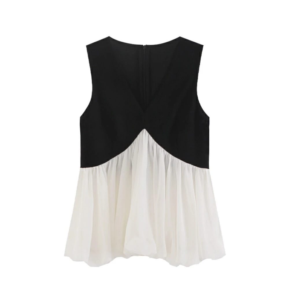 拼接V领无袖上衣➕半裙