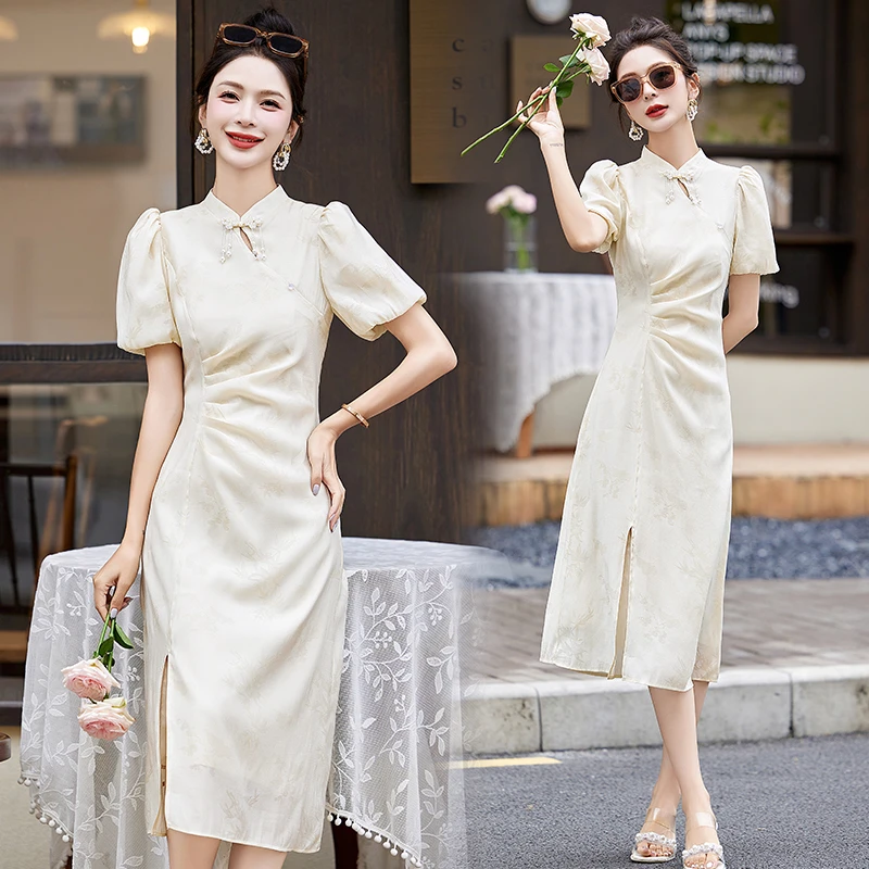 新中式国风改良旗袍连衣裙女2025年夏季新款复古盘扣收腰褶皱裙子
