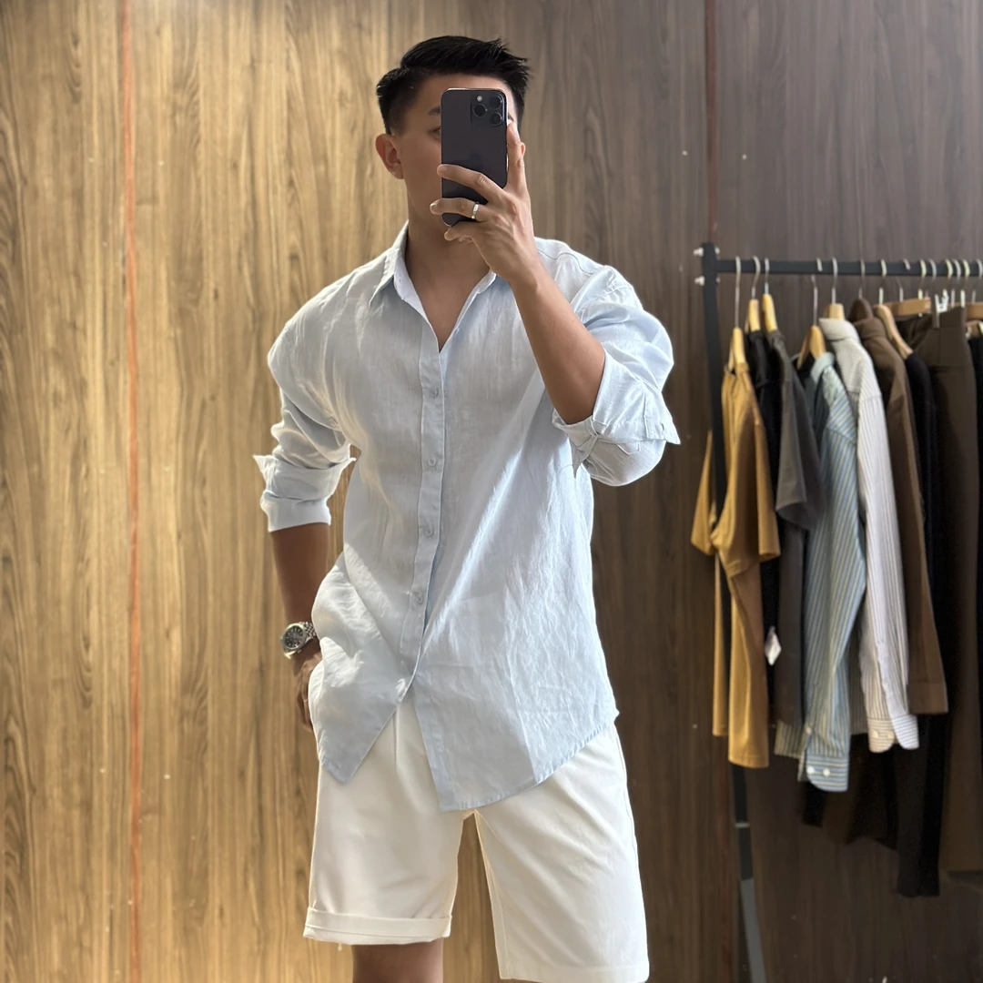 Yang • X • S 男士纯色长袖亚麻衬衫夏季薄款透气衬衣