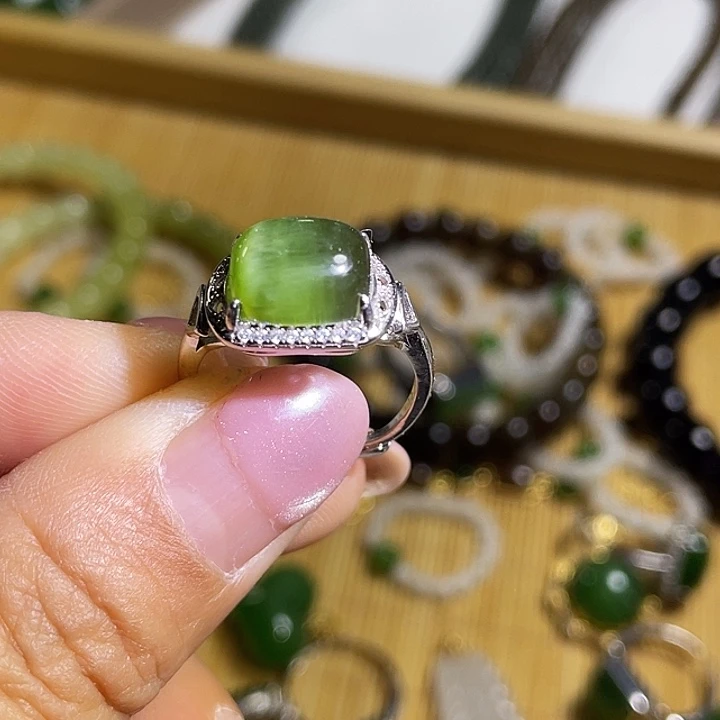 和田玉（碧玉）银S925镶嵌戒指颜色多样性发一