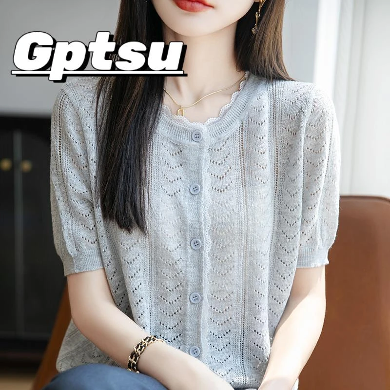 GPTSu2025新款圆领半袖小衫女针织开衫夏季镂空薄款时尚短袖外搭