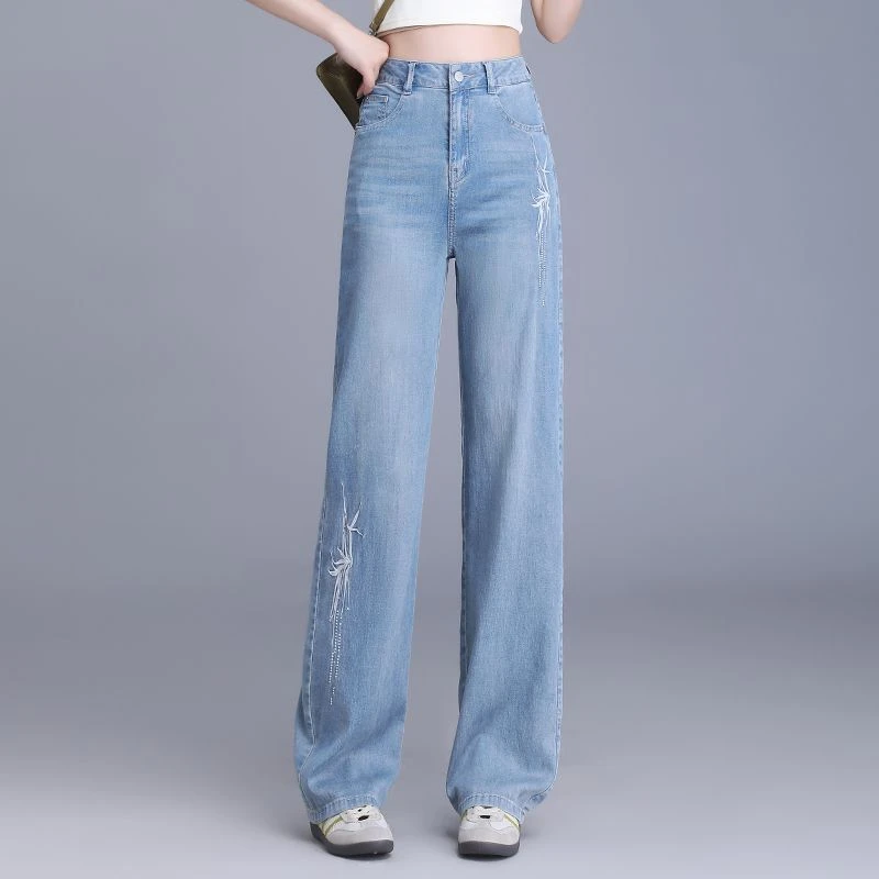 新中式刺绣超薄天丝直筒牛仔裤女薄款高腰宽松上档次阔腿拖地裤