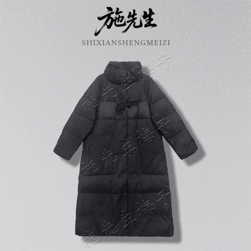 L冬季新款原创简约轻奢90白鸭绒高充绒长款设计盘扣羽绒服7853-2