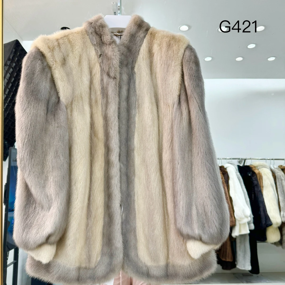 【G421】撞色系立领夹克款短款（胸围106衣长65）天然皮草外套貂毛女