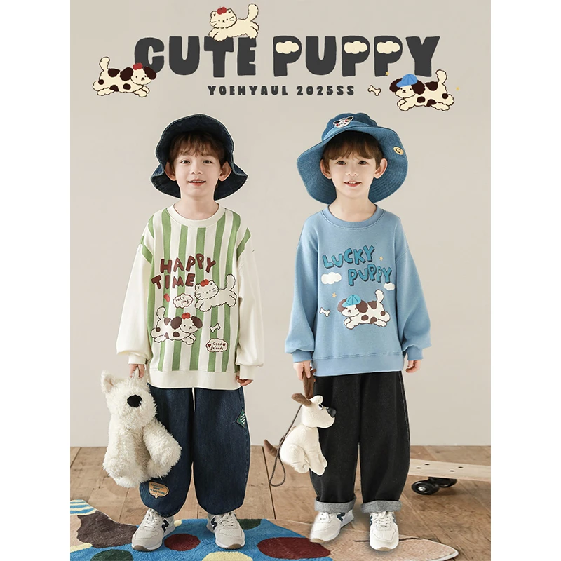 YOEHYAUL/幼悠【清货】竖条纹数码印双面针织卡通卫衣N5888 N5888-1