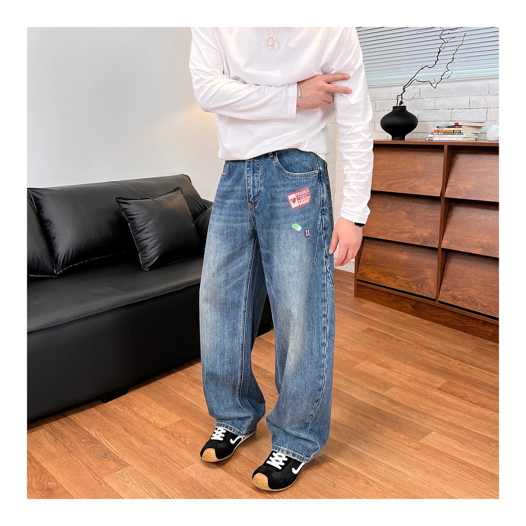 【张茂studio】早秋新款蓝色宽松水洗小弯刀印花休闲百搭牛仔裤子