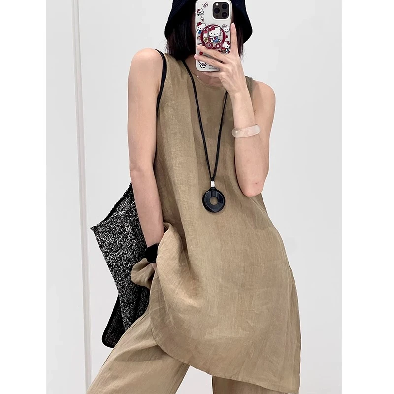 老钱风松弛感叠穿套装女夏季时尚复古背心连衣裙阔腿裤亚麻两件套