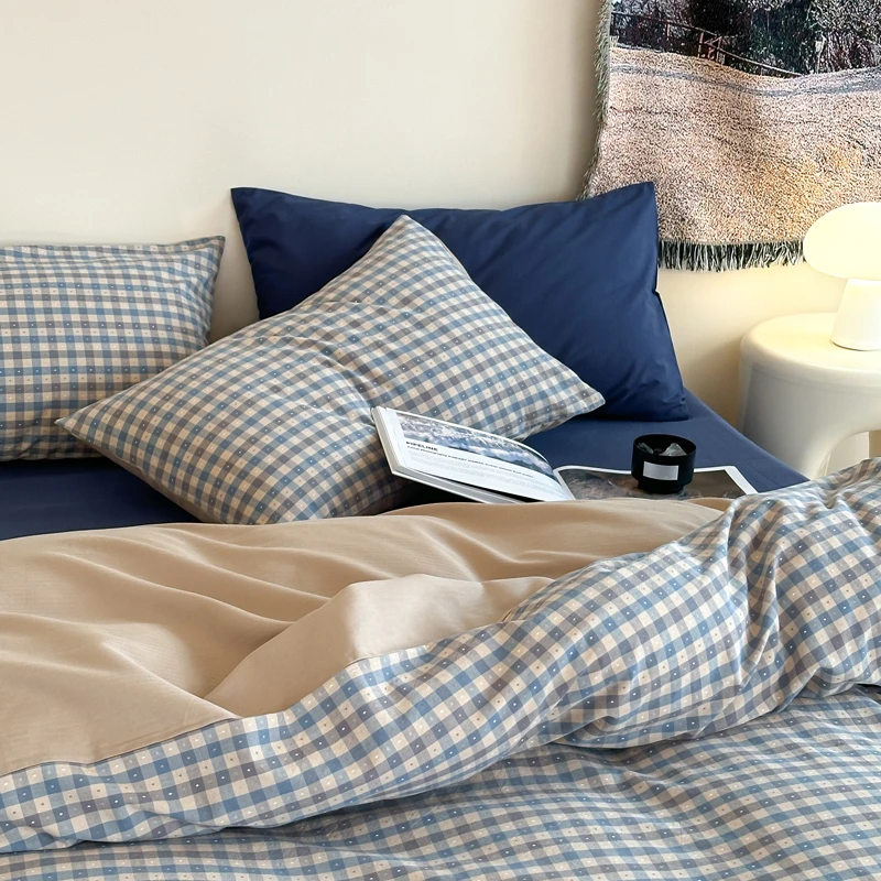 藏蓝格子｜日式纯棉水洗棉提花床上四件套全棉被套ins北欧风床品