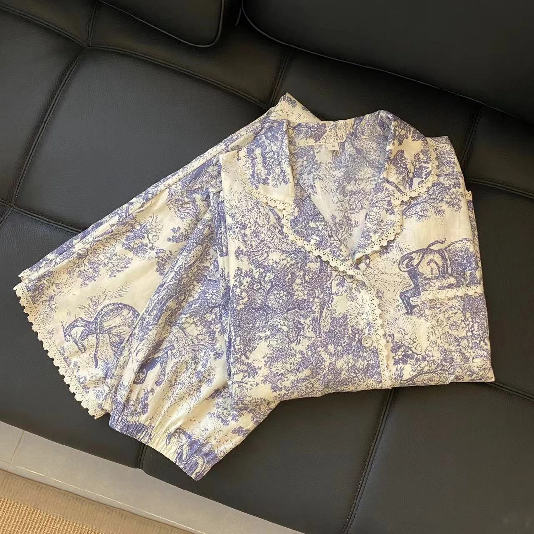 韩国ins风水墨丛林素描印花花边棉质长袖睡衣套装SS25032