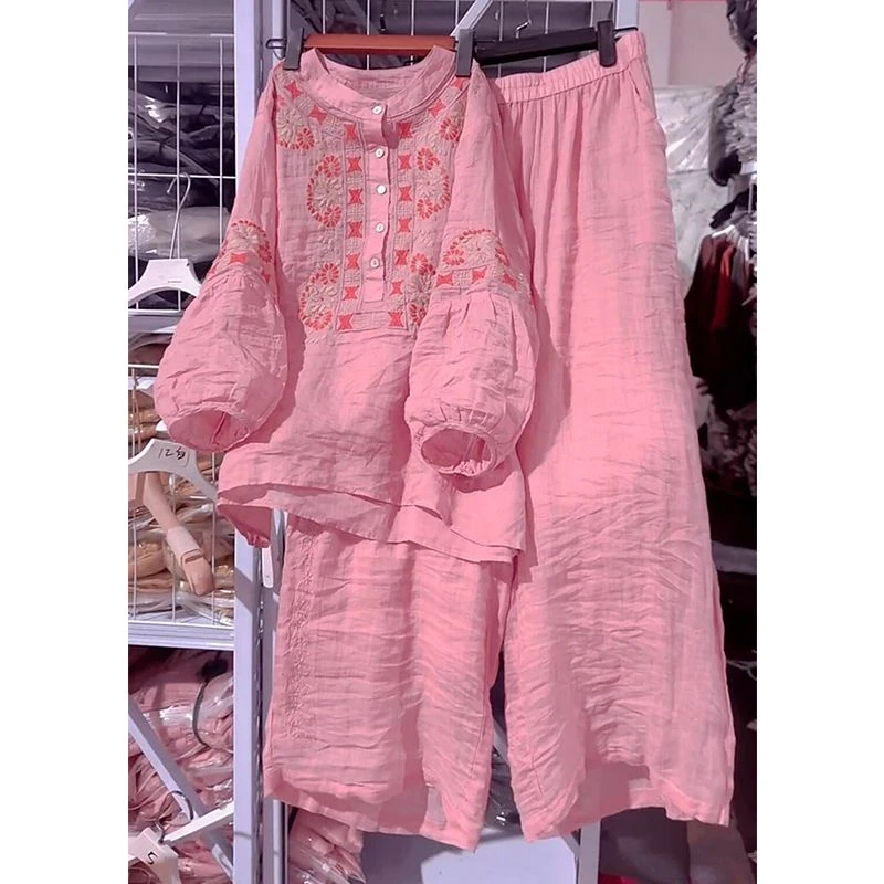 欧洲站2025夏季时尚百搭七分袖立领宽松上衣松紧腰裤子苎麻套装女