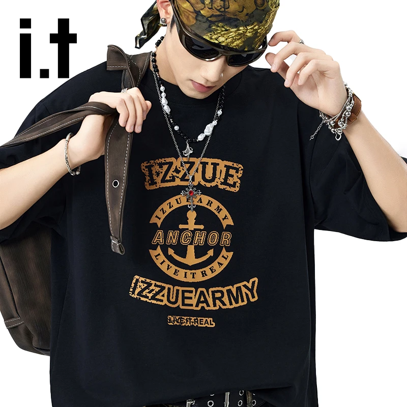 it izzue夏季新款纯棉短袖T恤男士宽松圆领休闲百搭美式半袖上衣