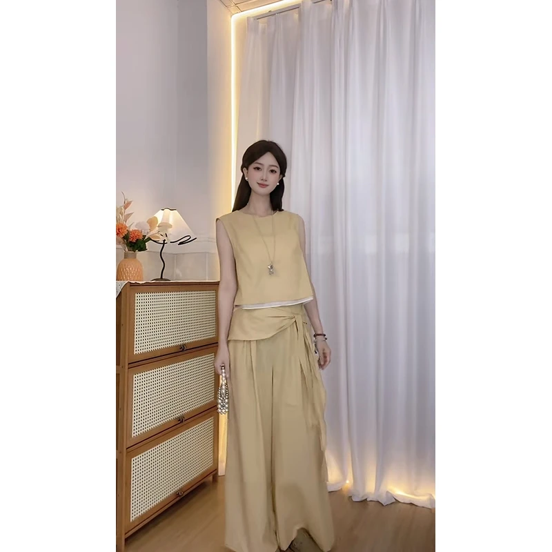 夏季老钱风时尚上衣阔腿裤减龄高腰系带宽松休闲套装