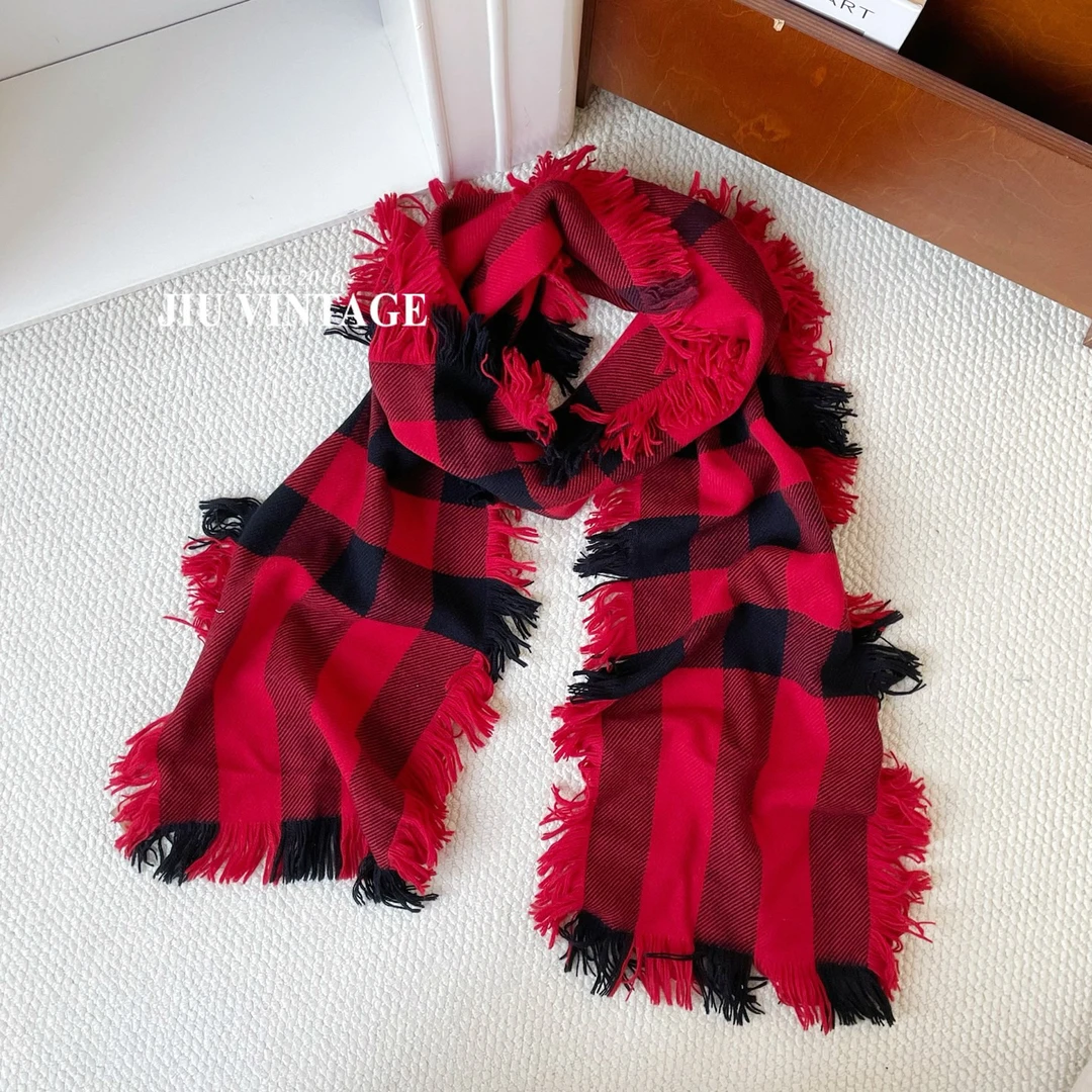 99新 BURBERRY/博柏利 红色拼黑色格纹围JM7-3871