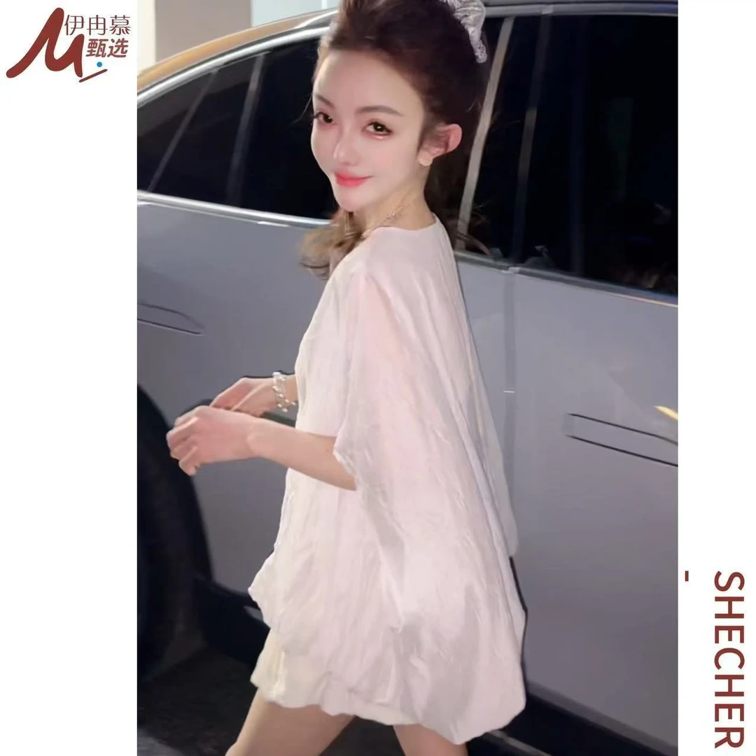 【伊冉慕甄选】春季薄款微褶皱圆领衬衫6020T恤宽松显瘦洋气女上衣