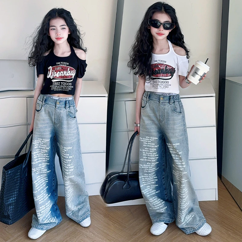 休闲风女夏季童装印花时尚ol高腰短袖字母牛仔裤
