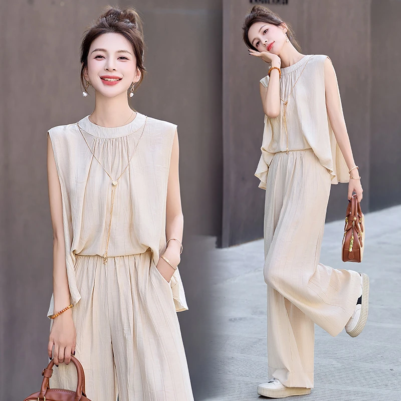 休闲无袖不规则上衣套装女2025夏季新款气质百搭显瘦阔腿裤两件套