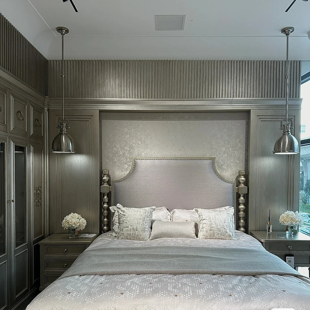 金沐家具美式轻奢罗马柱实木大床冰柱床系列高级灰雕刻床主卧双人