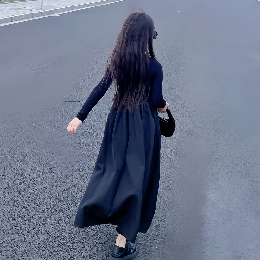 MUMUWU女童早秋新款法式赫本风连衣裙中大童洋气百搭时尚小黑裙