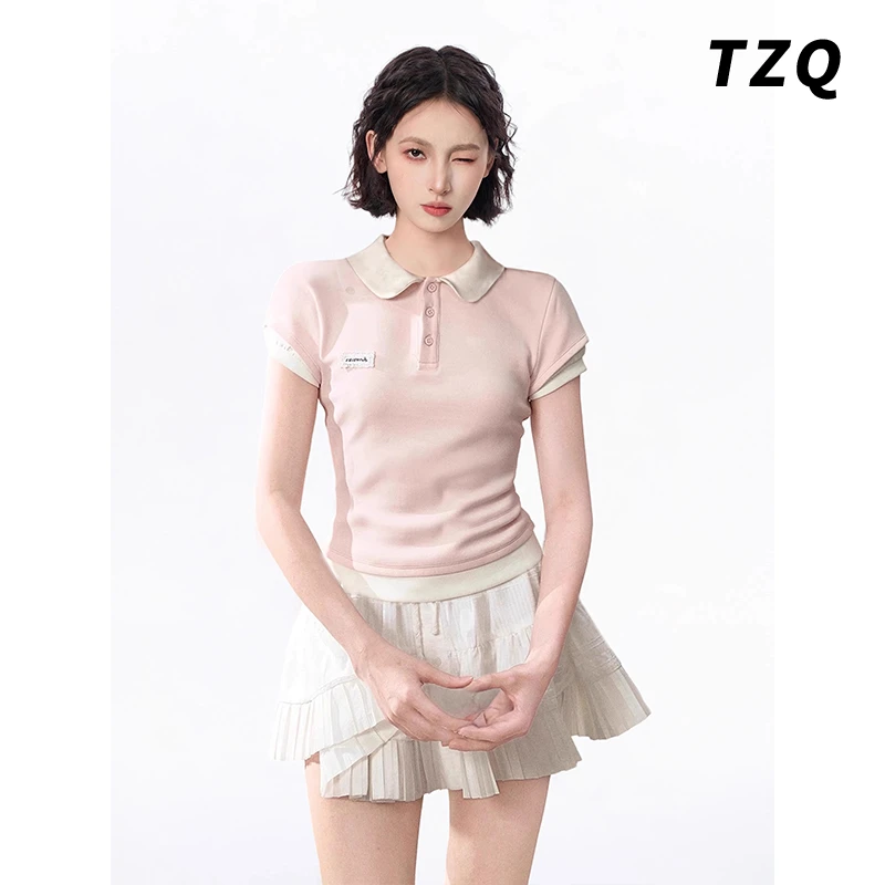 粉色polo领假两件短袖t恤女夏季修身显瘦短款正肩上衣TZQ2542506