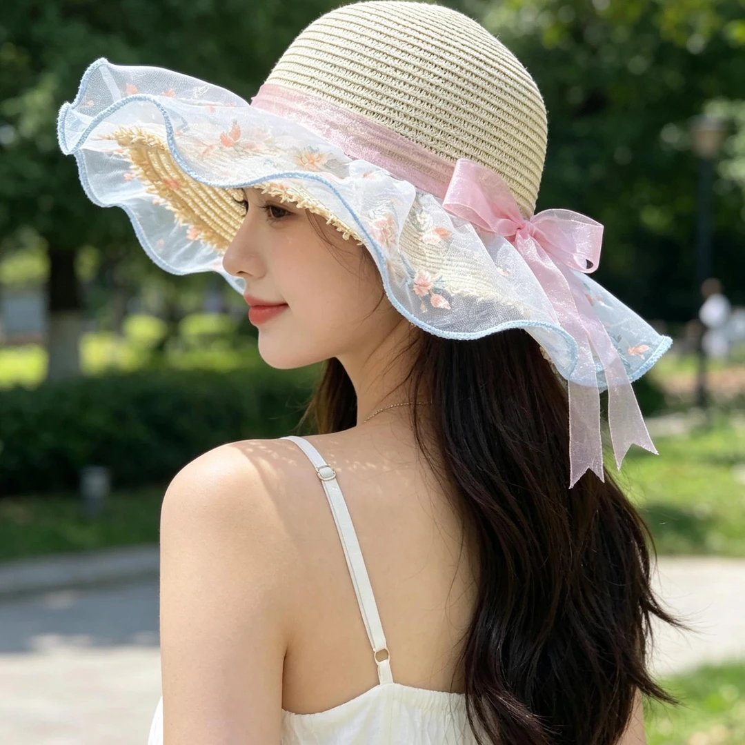 设计师款森系田园甜美洛丽塔风格防晒遮阳海边沙滩草帽夏季帽子
