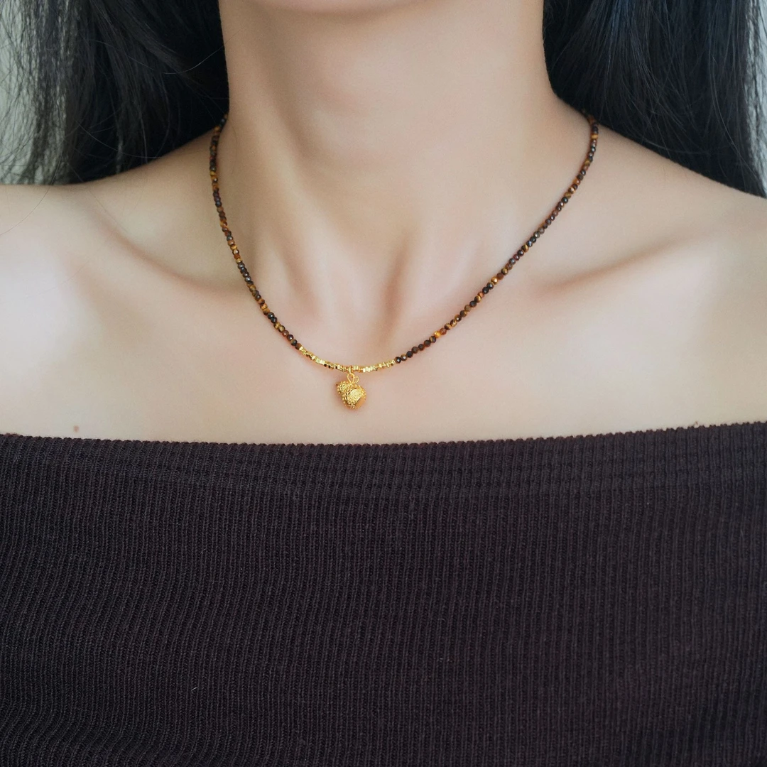 铜合金项链 葫芦纳福虎眼色新款纯手工串珠项链毛衣链美拉德色女