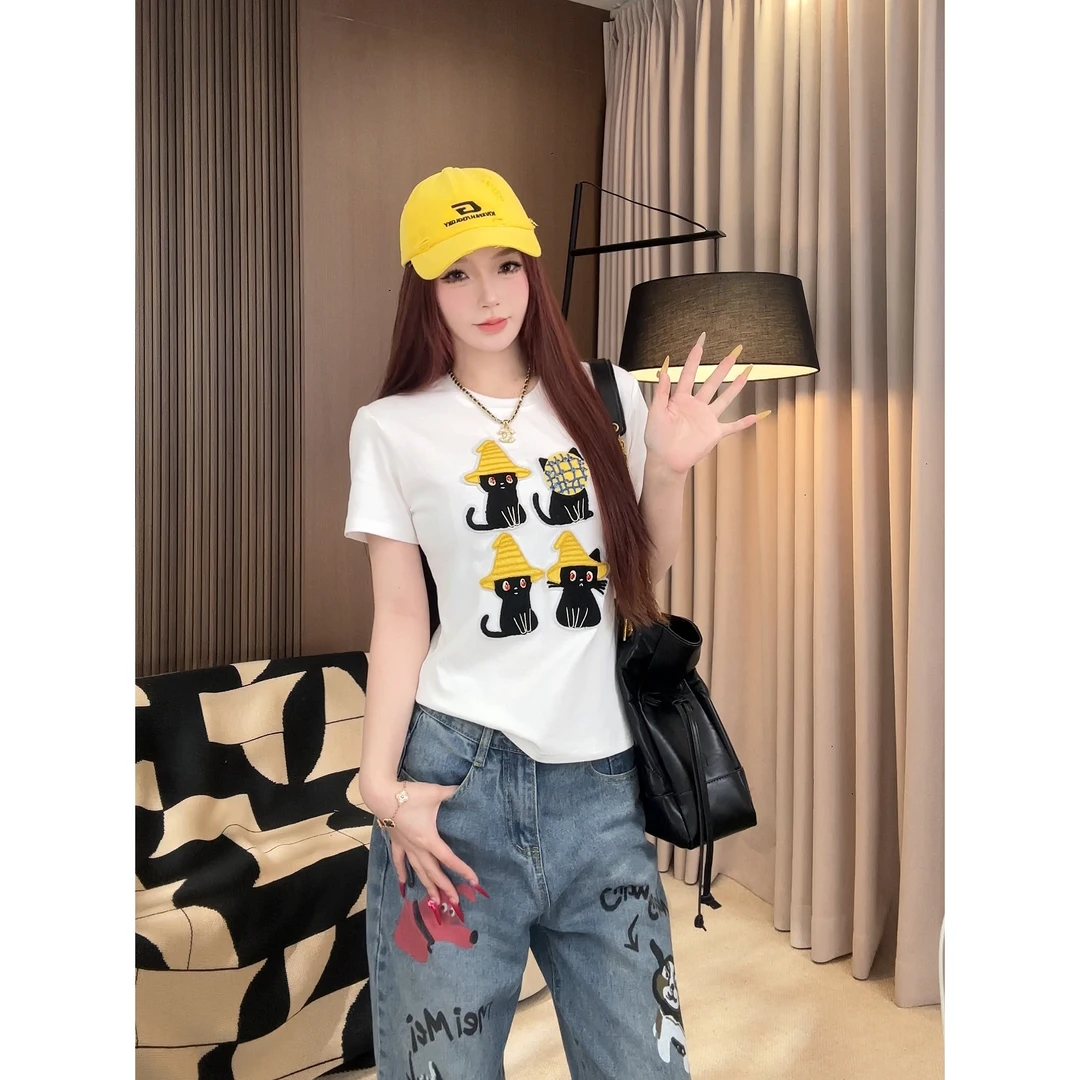 【温迪】2025夏季猫咪短袖简约T恤百搭圆领卡通上衣085