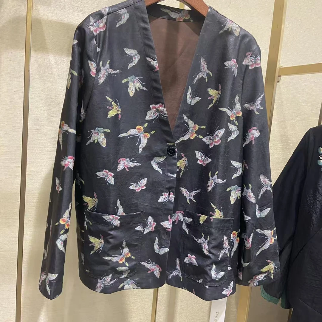 【福蝶】香云纱牛皮绸西服开衫外套上衣QF12644